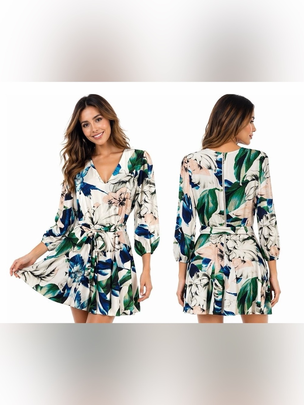 Floral Wrap Mini Dress in Green Blue